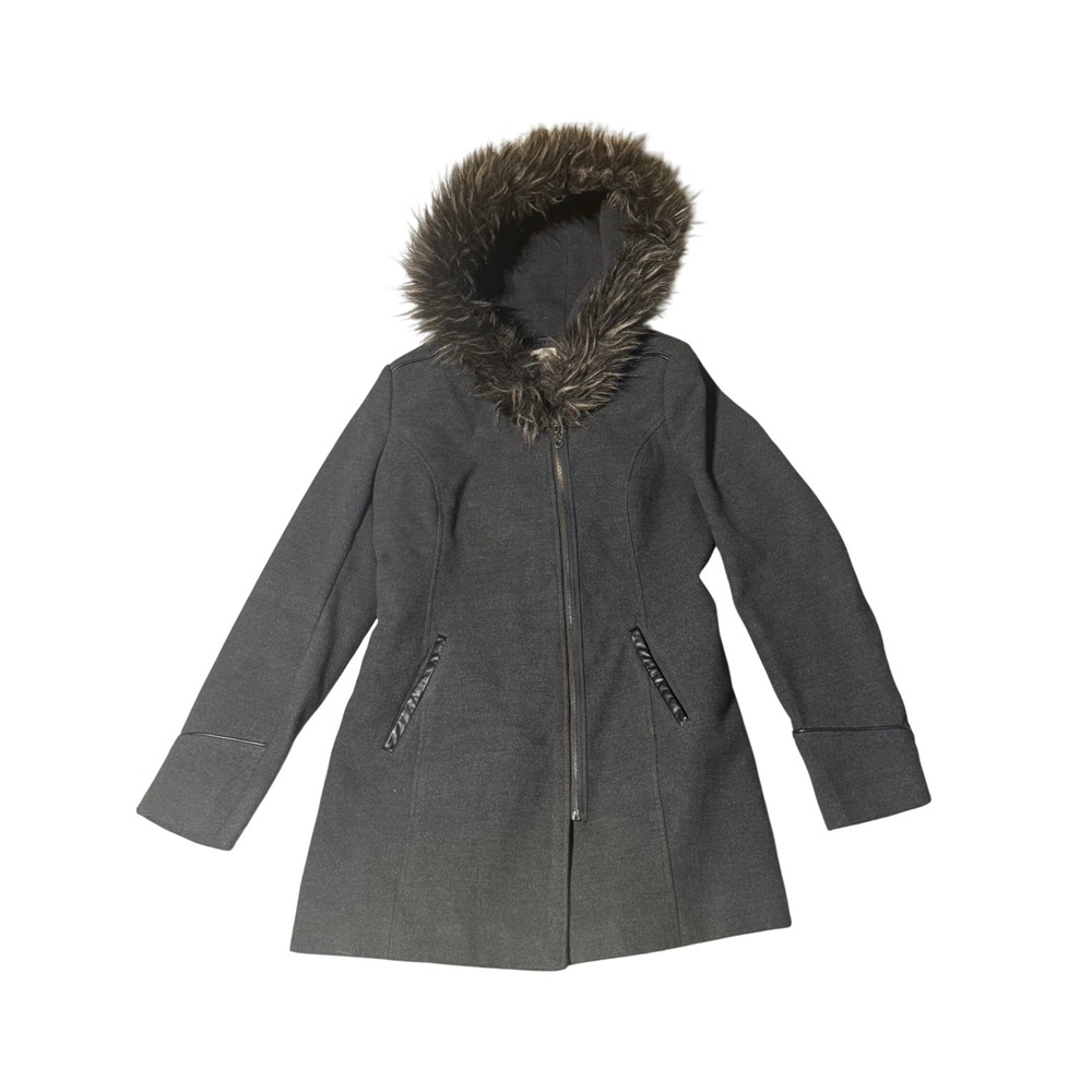 Maralyn & Me Womens Gray Faux Fur Trim Hooded Zip Up Walker Coat Size M 6954ME